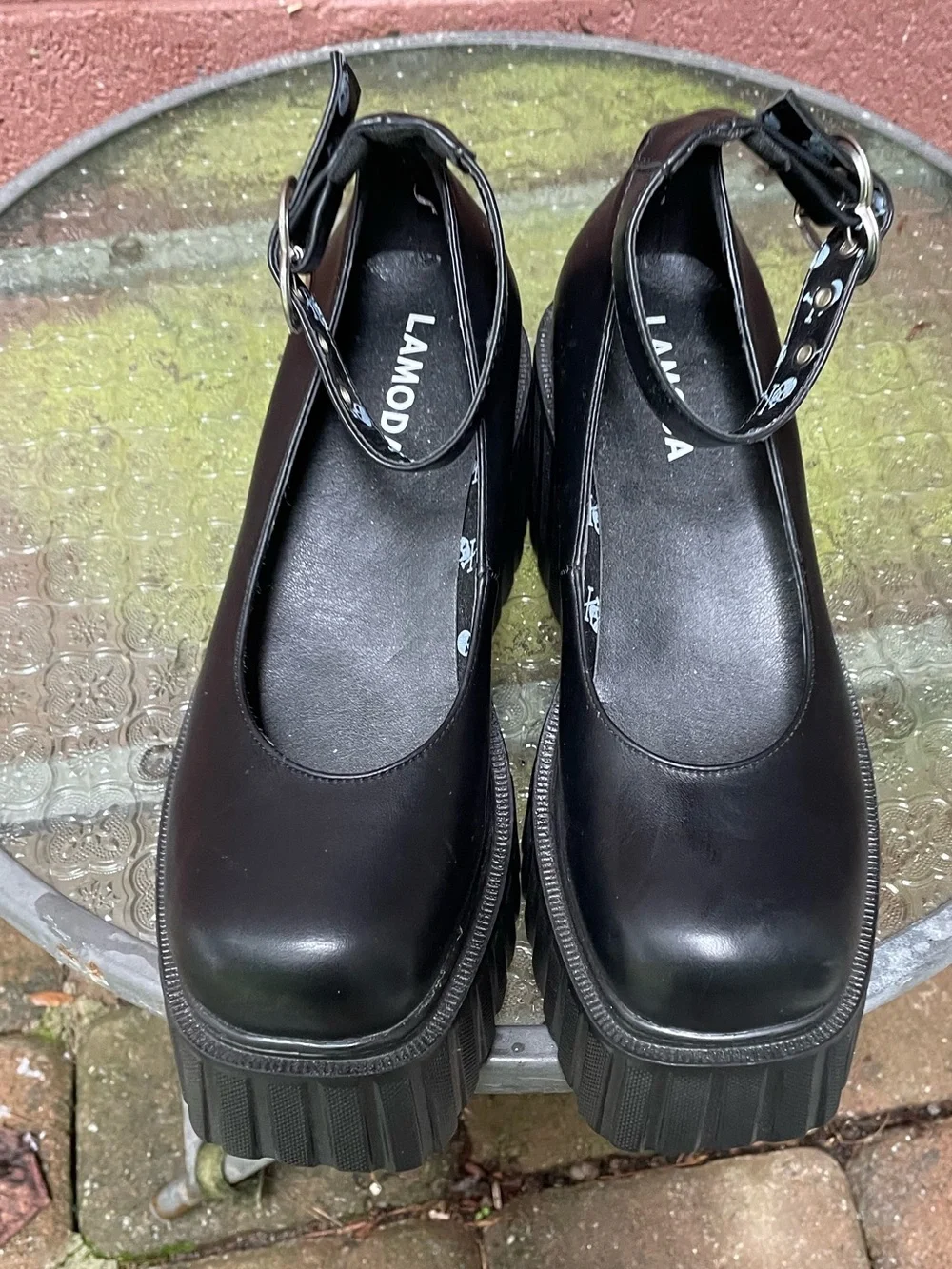 New Lamoda Black Platform Creeper Ankle Strap Shoes Size 7